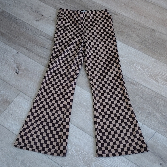 love on a hanger Pants - Funky Retro Brown Flared Checkered Pants Junior Size 3 High Elastic Waist